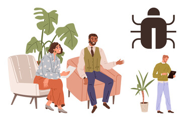 Wall Mural - colleagues seated in discussion with plant decor, one standing with tablet, large malware icon. idea