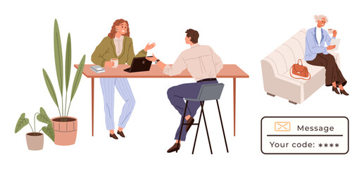 Wall Mural - coworkers discussing tasks at a desk with laptop and coffee, while elderly woman holds baby on sofa.