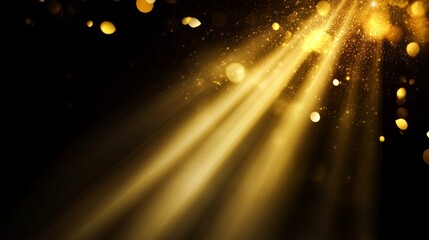 Wall Mural - golden rays shine brightly on a black background, creating an abstract light beams effect with glows