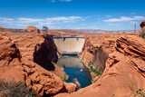 Glen Canyon Dam in the center of a deep canyon with the Colorado river, Page, Arizona, USA