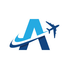 Wall Mural - the image shows a flat logo design of an initial letter a in blue color with an airplane flying thro