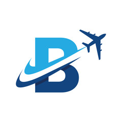 Wall Mural - the image shows a flat logo design of an initial letter b in blue color with an airplane flying thro