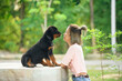 © sutlafk - Asian woman and Rottweiler puppy facing each other with love in a green park. Concept of pet friendship, bonding, and outdoor lifestyle.