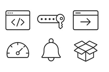 various symbols representing web development concepts displayed on a clean background