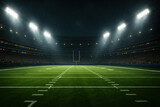 Photorealistic night view of empty American football stadium under bright floodlights during rain, green field and goalposts centered. Concept of sports venue, anticipation, competitive atmosphere.
