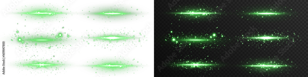 Glowing green light trail with particles and shimmer on transparent ...