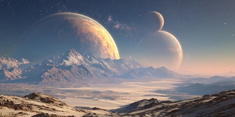 Wall Mural - Breathtaking Cosmic Landscape with Majestic Mountains and Distant Celestial Bodies in an Alien World Surrounded by Stars and Cosmic Wonders