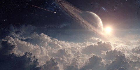 Wall Mural - Stunning cosmic landscape featuring Saturn surrounded by clouds and illuminated by the radiant sun, capturing the beauty of space in vivid detail
