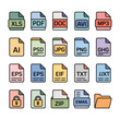 © InspireStock - Collection of digital file format icons with rounded corners and colorful borders
