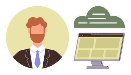 Businessman in a suit with an online interface on a monitor and a data cloud. Ideal for remote work, cloud computing, digital business, data management, IT solutions, technology trends, simple flat