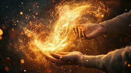 Wall Mural - a mid-shot of the creator raising the glowing rib, which dissolves into thousands of streams of radi