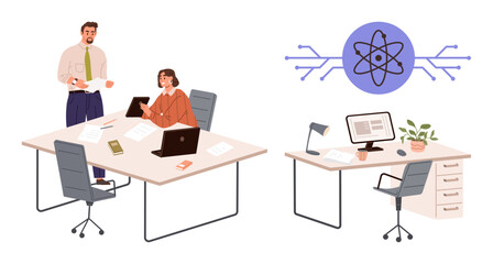 Wall Mural - two colleagues discussing documents at office desks with laptops and gadgets alongside an atomic sci