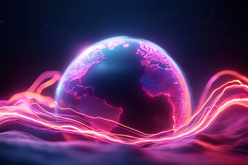 Wall Mural - glowing digital globe with neon waves symbolizes global connectivity and energy