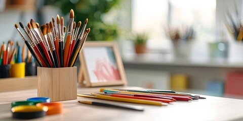 Wall Mural - cozy workspace featuring a creative line connection through artistic tools and bright natural light,