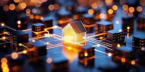 Wall Mural - conceptual image of a glowing blockchain ledger surrounded by diverse assets like real estate and st
