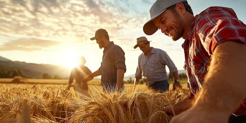Wall Mural - farm sunrise over golden wheat fields with farmers harvesting in the background, editorial-style, ne