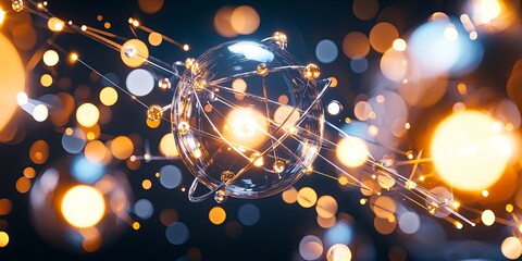 Wall Mural - quantum mechanics concepts illustrated with floating equations, a transparent atom model, and a subt