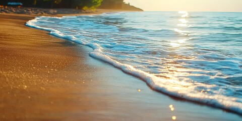 Wall Mural - ocean waves gently lapping on a serene beach at sunrise, smooth sand, calming atmosphere, soft paste