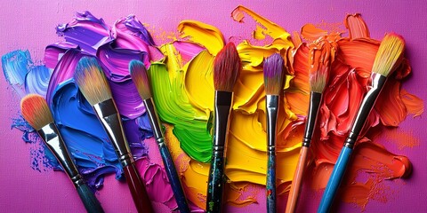 Wall Mural - dreamy artist studio filled with vibrant paintbrushes, colorful paints on canvas, capturing the esse