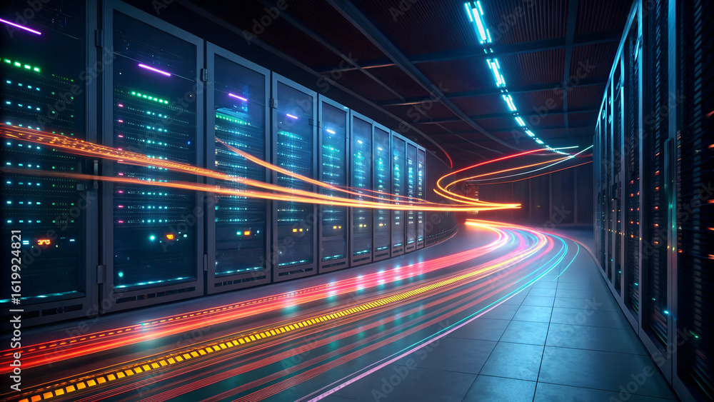 Data Transfer Service Rack Data center server racks with glowing light trails representing fast ...