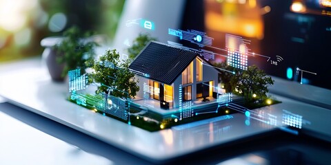 Wall Mural - visual representation of device connectivity in smart homes powered by blockchain and iot, minimalis