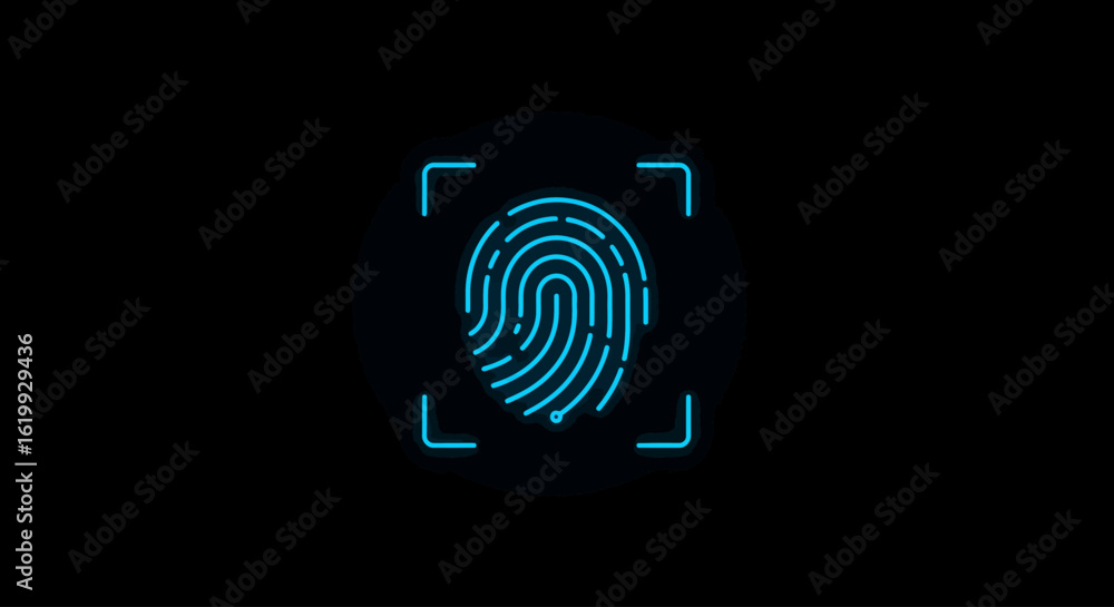 Glowing blue fingerprint icon centered on a black background, enclosed ...