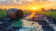 © Tut Mandi - A dark barrel spilling bright green liquid into a muddy rural track at sunset.