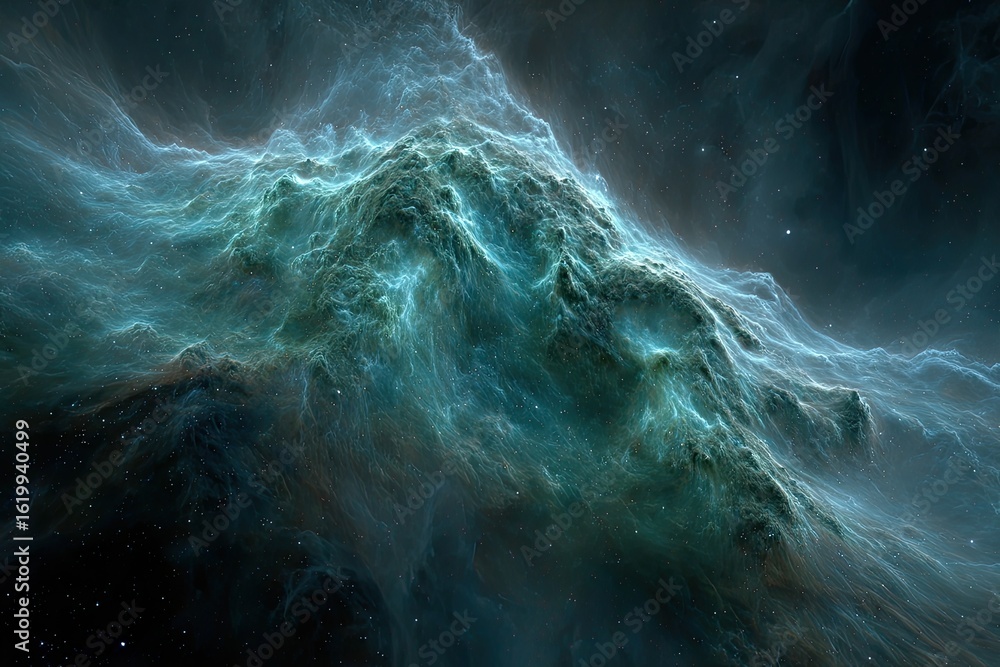 Cosmic nebula swirling in teal and gray hues. Vast, ethereal clouds of ...
