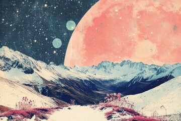 Wall Mural - retro dreamy of snow field mountains landscape universe.