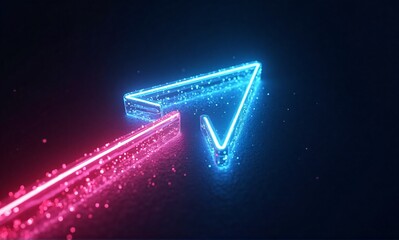 Wall Mural - glowing neon arrow points upward, emitting vibrant pink and blue light trails against a dark backgro