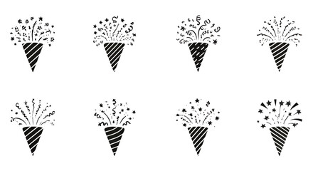 A collection of minimalist black and white vector icons depicting exploding party poppers, perfect for celebrating special occasions and festive events.
