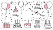 © Dieke - Hand-drawn vector illustration featuring birthday elements like cakes, balloons, party hats, gifts, and confetti for festive celebrations.