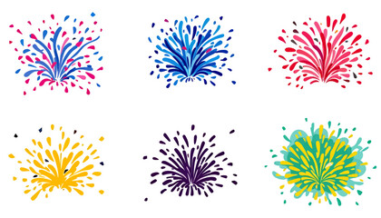 A vibrant collection of colorful abstract firework bursts exploding in various directions, perfect for festive celebrations and holiday events.
