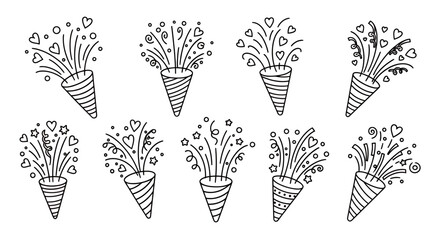 A collection of festive, hand-drawn vector illustrations showcasing party poppers exploding with confetti, stars, and hearts, perfect for celebrations and event promotions.
