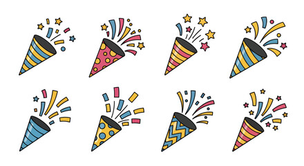 A vibrant vector illustration showcases a collection of festive party poppers, each exploding with colorful confetti and stars, perfect for celebrations and event designs.