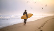 © sabraj - Surfer walks along beach with surfboard at sunrise, seagulls flying overhead, peaceful ocean vibes