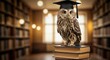 © Erisna Yolanda - Academic owl wearing graduation cap atop books in blurry library background