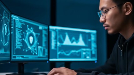 Professional man cybersecurity analyst using multiple computer monitors with data and graphs. Network security and ethical hacking concept footage.