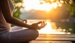 © Semi - Woman Meditating By Lakeside Sunset