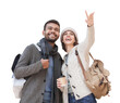 © kite_rin - Beautiful happy couple winter portrait isolated transparent PNG, Young joyful smiling woman and man travel together isolated transparency, Love, travel, tourism, students concept
