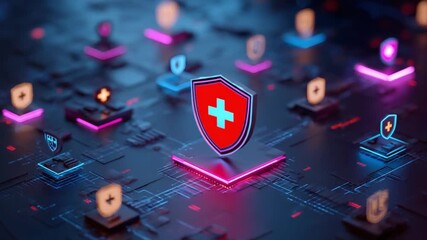 Wall Mural - cybersecurity shield, circuit board, neon lights