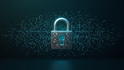 futuristic cybersecurity concept with a strong ornate padlock protecting digital data on a glowing p