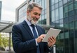 © sujon1638 - Experienced businessman with a distinguished beard smiles while engaging with a digital tablet near a modern glass building