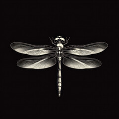 Black and white dragonfly on black background.