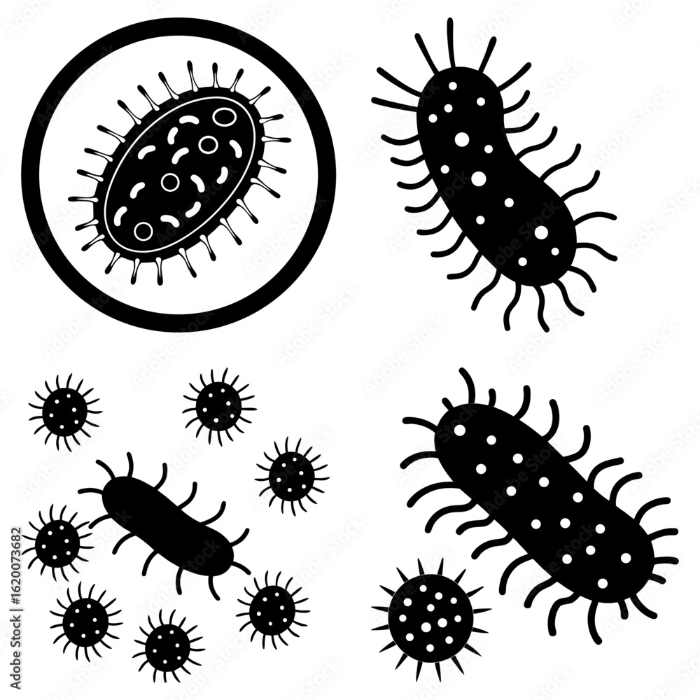 Illustration of various bacteria and viruses in black and white with ...