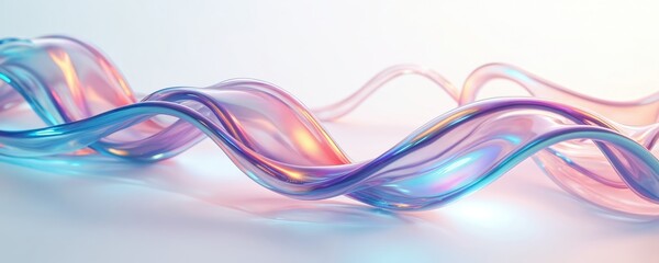 3D abstract liquid glass ribbon forms wavy lines with holographic rainbow gradient textures. Glossy, smooth fluid curves show dispersion light effects. Futuristic, shiny, iridescent motion creates