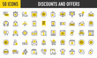 © Picvault - 50 Discounts and offers icons. Such as Sale Tag, Coupon, Free Shipping, Crosshair, Web, New Offer, Off, Online Sale, 50 Percent, Mobile Phone, Big Sale, Mail, Gift Box vector stroke illustration.