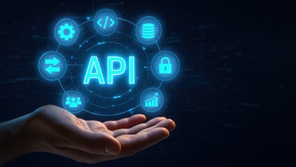 A hand holds a glowing api surrounded by ai icons, symbolizing application programming interface, the tech environment highlights the future of api programming
