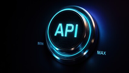 A glowing api dial pulses with neon accents, highlights application programming interface in a cyberpunk inspired api programming design