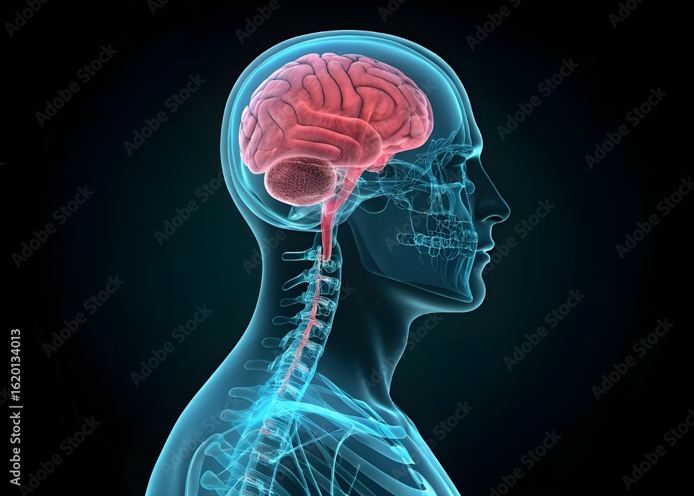3D Medical Illustration of Human Brain and Spine Anatomy in Transparent ...
